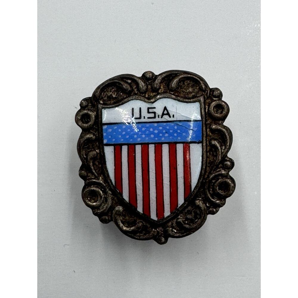 Vtg Travel Souvenir United States Of America Flag Ornate Framed Lapel‎ Pin READ